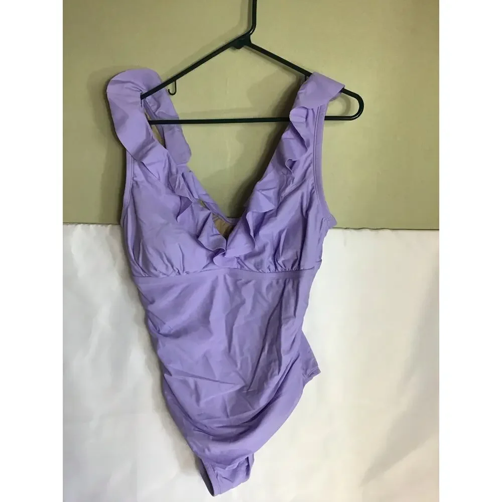 Shade & Shore Women One Piece SwimSuit Sz.16 Purple NWT Flutter Sleeve Slimming